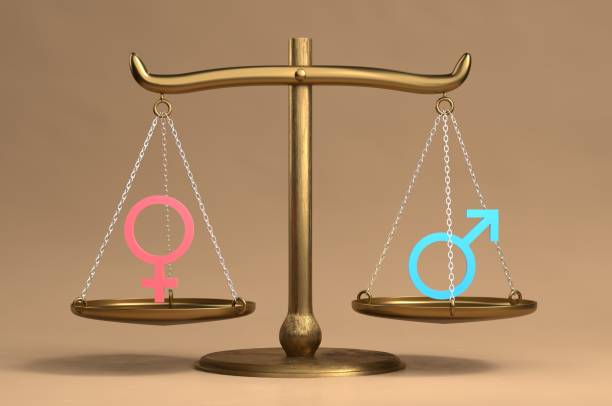 igualdad de género - gender symbol scales of justice weight scale imbalance fotografías e imágenes de stock