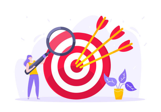 Goal achievement business concept sport target icon and arrows in the bullseye. Tiny person with magnifying glass vector illustration isolated on white background flat style design. Goal achievement business concept sport target icon and arrows in the bullseye. Tiny person with magnifying glass vector illustration isolated on white background flat style design. arranging stock illustrations