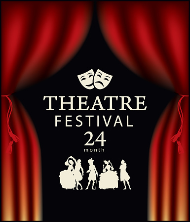 Banner or poster for a Theatre festival with red theater curtains and silhouettes of actors in Baroque costumes. Vector illustration in retro style on the theme of theatrical art
