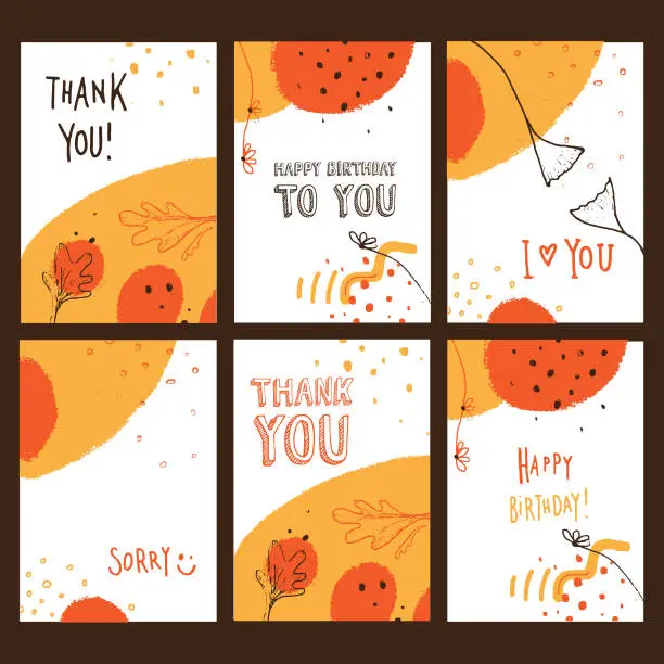 Vector illustration of Set of six colorful cards with liquid shapes, leaves and text. Vector A5, A4 format templates for greeting cards, holiday posters, banners, invitations. THANK YOU, HAPPY BIRTHDAY, SORRY, LOVE - text.