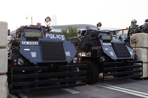 Two armoured police vehicles at Wanchai district of Hong Kong.