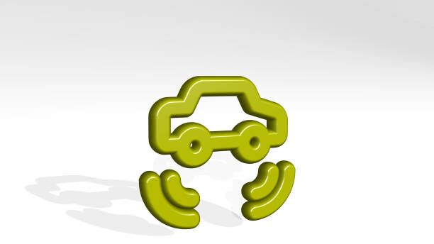 auto pilot car radius from a perspective with the shadow. A thick sculpture made of metallic materials of 3D rendering