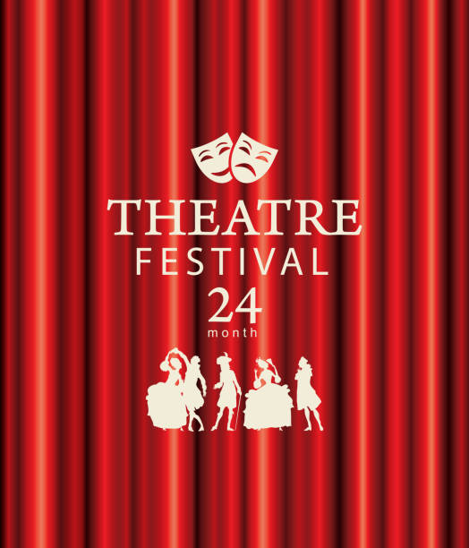 illustrations, cliparts, dessins animés et icônes de bannière pour le festival de théâtre avec des rideaux rouges - playbill