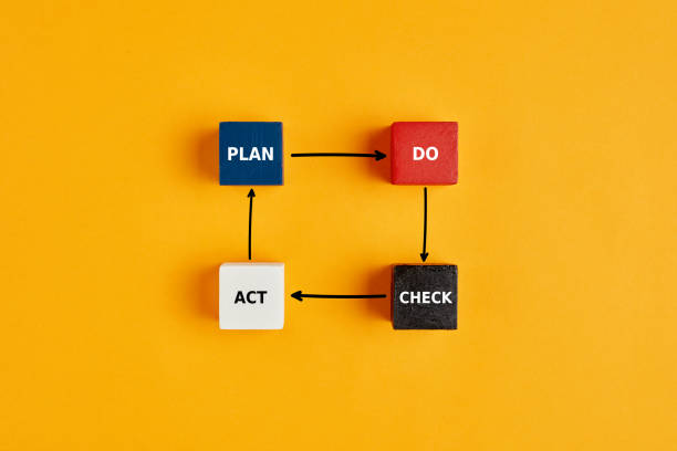 PDCA cycle (Plan Do Check Act) concept in business or engineering with words written on wooden blocks