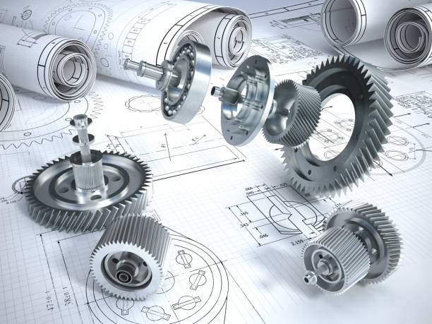 istock Blueprints and 3D metal machine parts. Mechanical engineering concept 1264255911