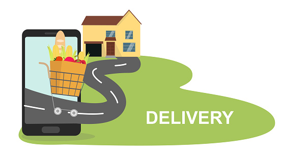 Food delivery mobile app. Supermarket cart on a way from smartphone to house, vector, panorama, free space