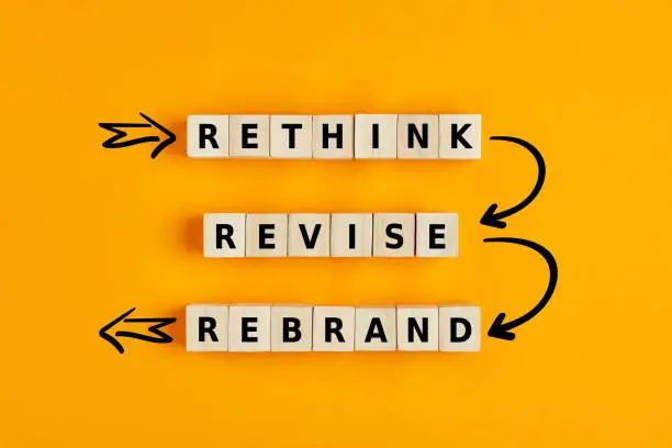 Business management branding concept of rethink revise and rebrand words on wooden cubes with process arrows.