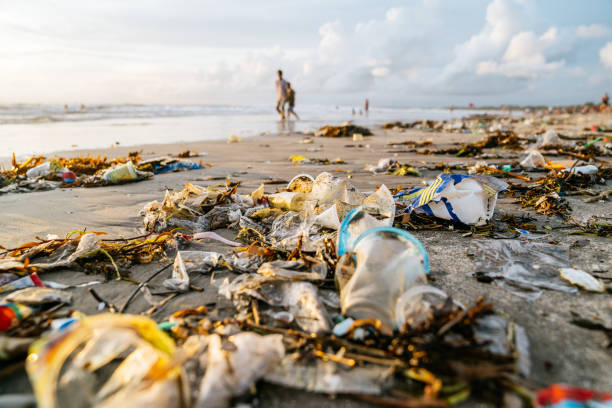 bali, zanieczyszczenie plastikiem na plaży kuta. - kuta beach zdjęcia i obrazy z banku zdjęć