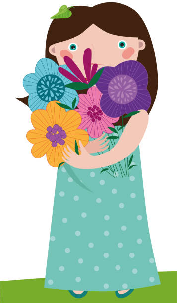 mädchen mit einem blumenstrauß in den händen - white background beauty and health flower human hand stock-grafiken, -clipart, -cartoons und -symbole