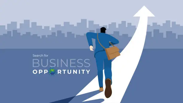 Vector illustration of Business direction concept. Businessman run on the arrow way up. Search for business opportunity after pandemic of COVID-19 coronavirus. Vector illustration flat style concept and idea.