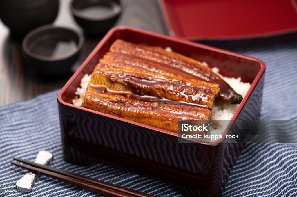 ウナジュウ。日本の四角い箱の食器で焼いたウナギの米 - ウナギのロイヤリティフリーストックフォト ウナジュウ。日本の四角い箱の食器で焼いたウナギの米 - ウナギのロイヤリティフリーストックフォト