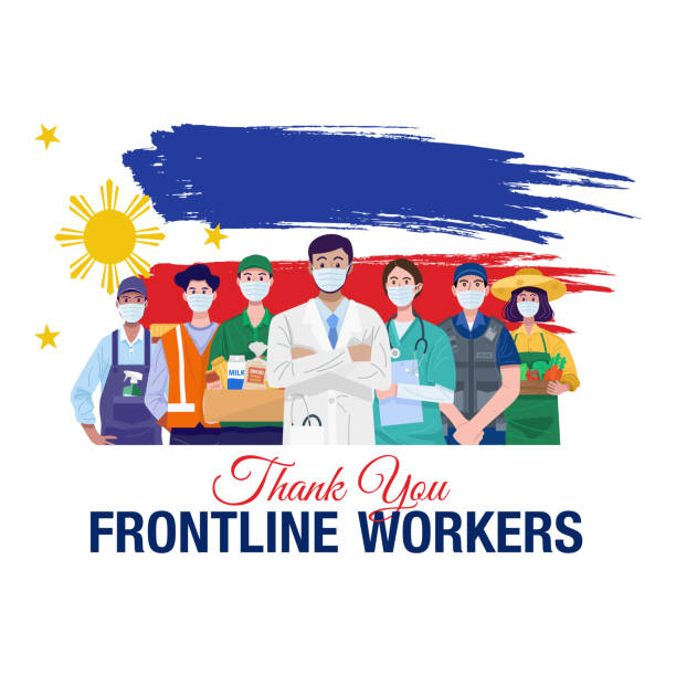 最前線の労働者に感謝します。フィリピンの旗を掲げ、様々な職業の人々。ベクトル - 必要不可欠なサービス点のイラスト素材／クリップアート素材／マンガ素材／アイコン素材