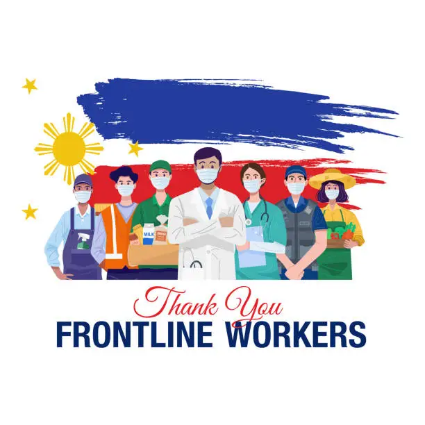 Vector illustration of Thank you frontline workers. Various occupations people standing with flag of the Philippines. Vector