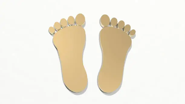 Photo of MAN FOOTPRINT made by 3D illustration of a shiny metallic sculpture on a wall with light background. animal and icon