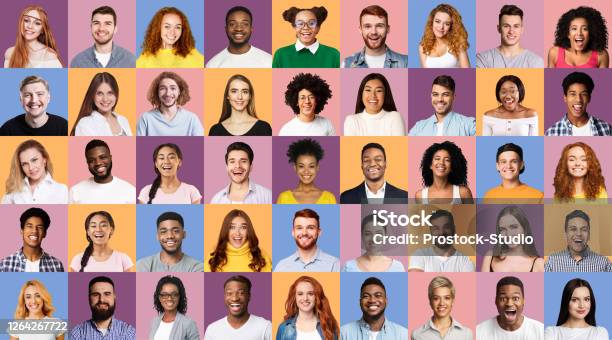 Set Of Happy Millennial People Portraits On Different Colored Backgrounds Stock Photo - Download Image Now