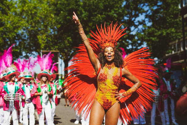 Notting Hill Carnival 2019 Samba performers take to the streets in Notting Hill; for the Notting Hill Carnival 2019. notting hill stock pictures, royalty-free photos & images
