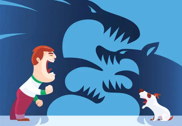 Vector illustration of angry kid with barking dog