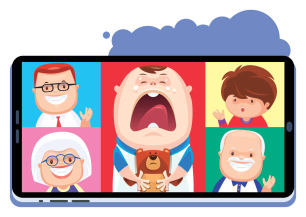 baby boy and family video chatting via smartphone vector illustration of baby boy and family video chatting via smartphone clip art of a old man crying stock illustrations