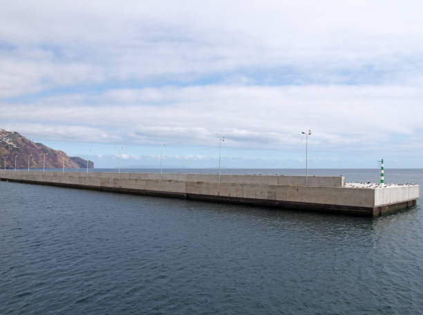 la lunga parete del porto di cemento che circonda il porto turistico e le banchine a funchal madeira con gli edifici della città in lontananza - sea defence concrete foto e immagini stock