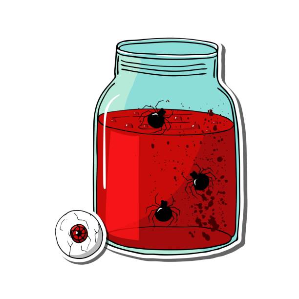 istock Jar of blood for Halloween party with spiders. Scary decorative element for the holiday. Vector illustration on a white background. Cartoon style. 1264277239