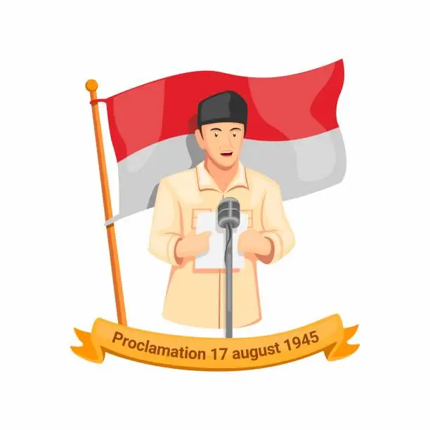 Vector illustration of Indonesian first president bung karno speech proclamation in 17 august 1945. independence day celebration symbol in cartoon illustration vector isolated in white background