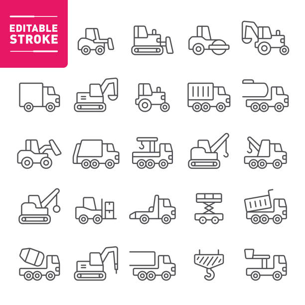 Heavy Equipment Icons Construction, heavy equipment, truck, earth mover, icon, icon set, editable stroke, outline, vehicle, bulldozer construction vehicle stock illustrations