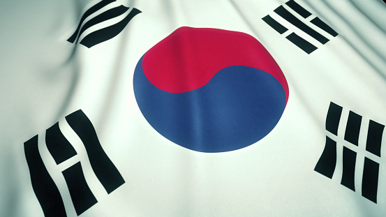 Waving realistic South Korea flag on background, close up, 3D illustration