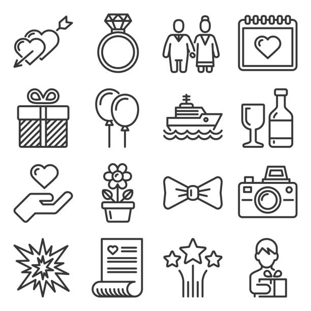 ilustrações de stock, clip art, desenhos animados e ícones de wedding and honeymoon icons set on white background. line style vector - honeymoon wedding married engagement