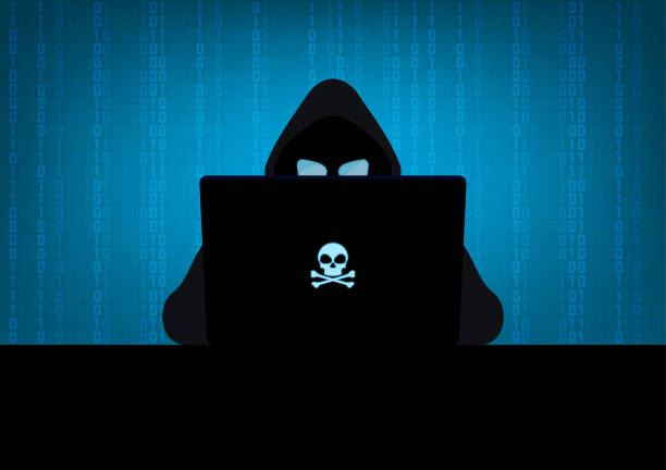 Hacker in the dark Silhouette of hacker wearing hood using laptop computer with glow in the dark blue skull and crossbones logo in dark room on blue binary code number background internet silhouettes stock illustrations