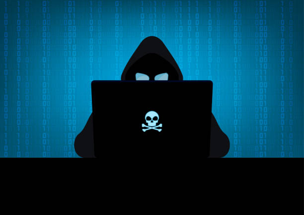 Hacker in the dark Silhouette of hacker wearing hood using laptop computer with glow in the dark blue skull and crossbones logo in dark room on blue binary code number background hacker laptop stock illustrations
