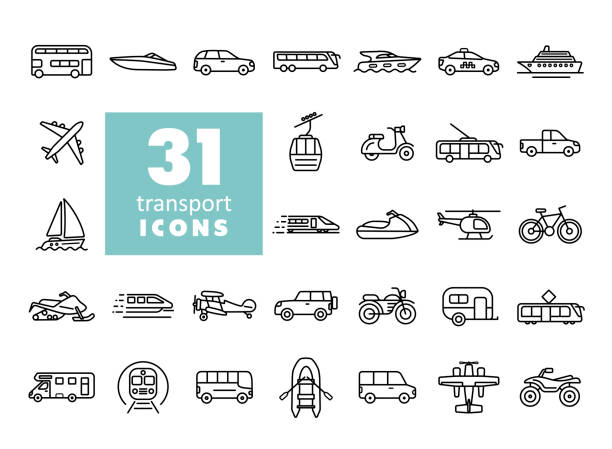 ilustraciones, imágenes clip art, dibujos animados e iconos de stock de conjunto de iconos planos vectoriales de transporte - transporte