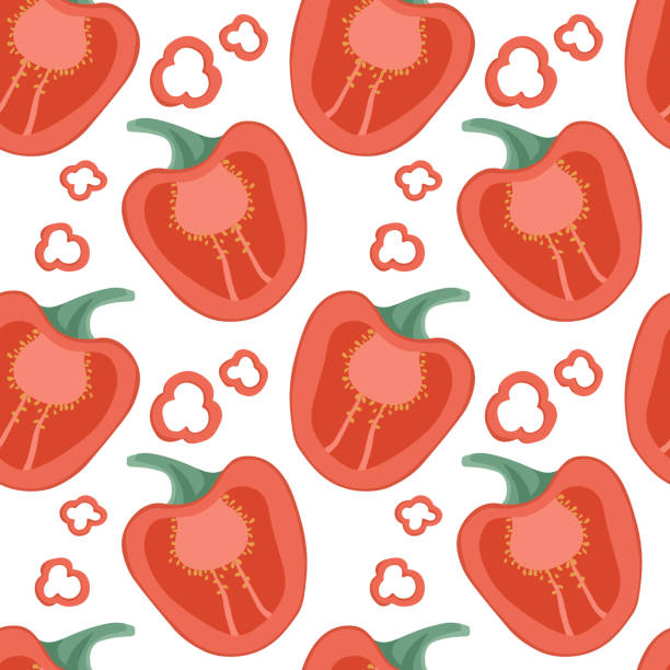 ilustrações de stock, clip art, desenhos animados e ícones de vector bell peppers and chili peppers seamless pattern in cartoon style. healthy organic pepper slices. - mexico chili pepper bell pepper pepper