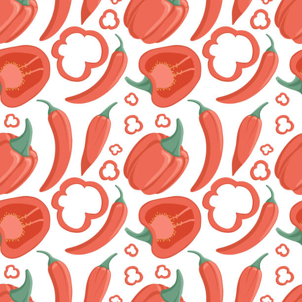 ilustrações de stock, clip art, desenhos animados e ícones de vector bell peppers and chili peppers seamless pattern in cartoon style. healthy organic pepper slices. - mexico chili pepper bell pepper pepper