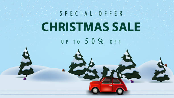 istock Special offer, Christmas sale, up to 50% off, horizontal discount web banner with beautiful vector illustration with pine winter forest and red vintage car carrying Christmas tree 1264291767