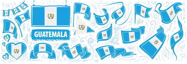 wektorowy zestaw flagi narodowej gwatemali w różnych kreatywnych wzorach - guatemalan flag stock illustrations
