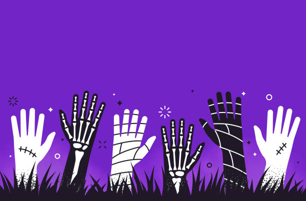 Zombie mummy skeleton scary horizontal stipple dots retro style Halloween human hand purple background.