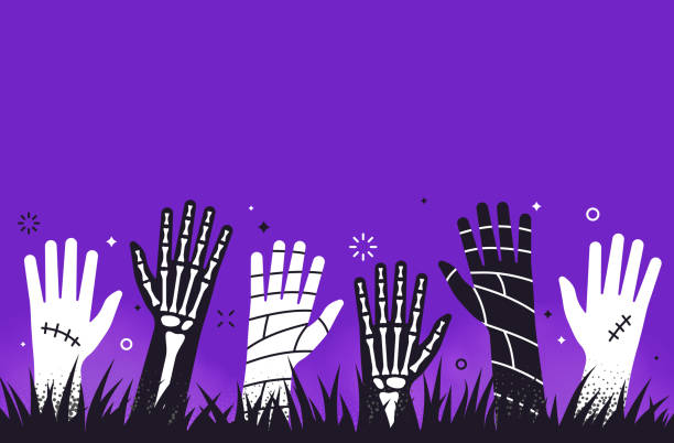 Zombie Mummy Skeleton Halloween Hands Background Zombie mummy skeleton scary horizontal stipple dots retro style Halloween human hand purple background. monster back lit halloween cemetery stock illustrations