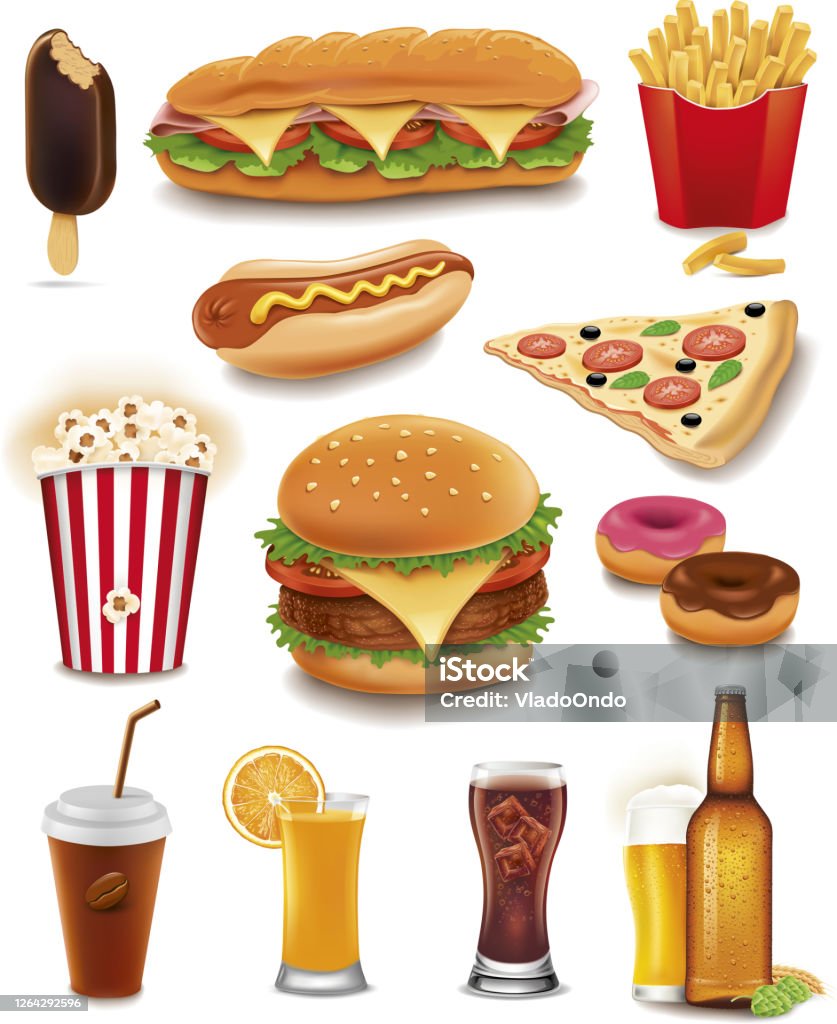 Fast food items-hamburger, fries, hotdog, juice,cola,Coffee, beer, juice, popcorn,pizza, ice cream Fast food-hamburger, fries, hotdog, juice,cola, beer, juice, popcorn,pizza, ice cream Hot Dog stock vector