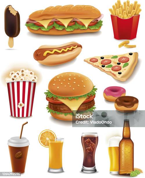Fast Food Itemshamburger Fries Hotdog Juice Cola Coffee Beer Juice Popcorn Pizza Ice Cream Stock Illustration - Download Image Now