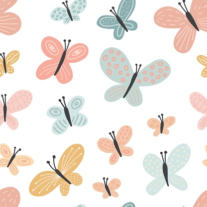 Seamless pattern with cute doodle pastel colors butterflies