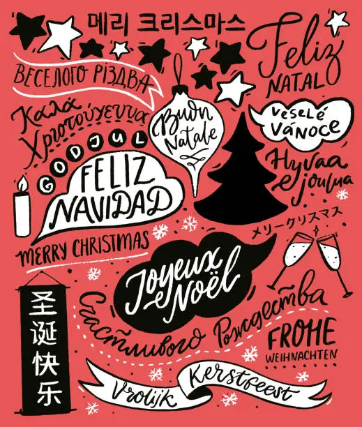 Vector illustration of Merry Christmas in different languages. Greeting card design with hand lettering text, international winter holidays greetings. Red retro illustration with Cristmas tree. Feliz Navidad