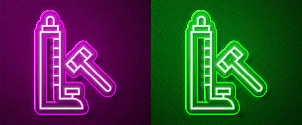 Vector illustration of Glowing neon line High striker attraction with big hammer icon isolated on purple and green background. Attraction for measuring strength. Amusement park. Vector