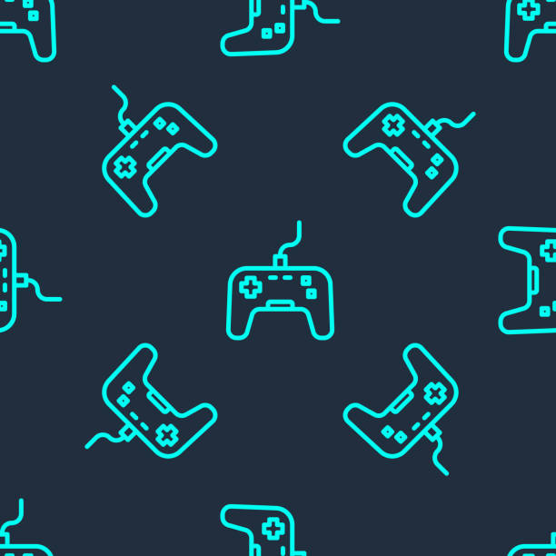 ilustrações de stock, clip art, desenhos animados e ícones de green line gamepad icon isolated seamless pattern on blue background. game controller. vector - seamless padding backgrounds wallpaper