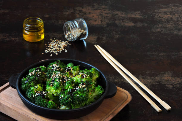 A serving of baked broccoli.Keto diet. stock photo
