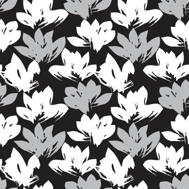 ilustrações, clipart, desenhos animados e ícones de pincel preto e branco pincela sem emendas fundo padrão - nature black and white leaf black background