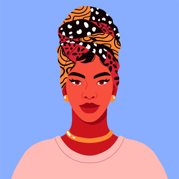 An close-up portrait of a modern, vibrant young woman with a headscarf. Vector illustration with smiling and happy African girl for social network profile avatar. Flat cartoon contemporary design. ear piercing clip art stock illustrations