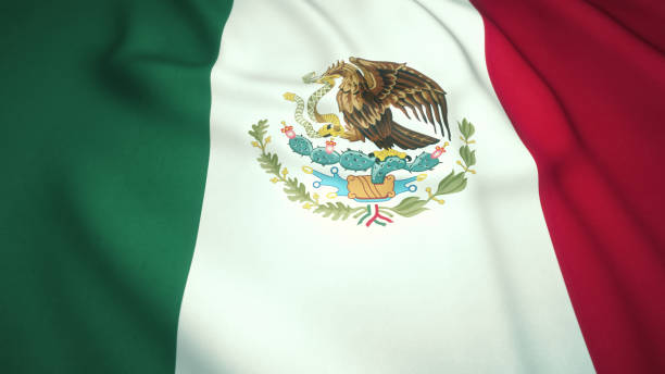 istock Waving realistic Mexico flag on background, close up, 3D illustration 1264300763