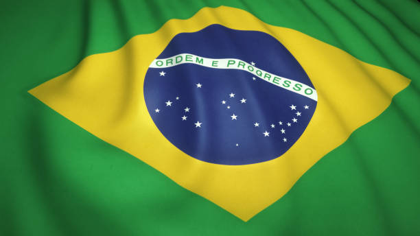 istock Waving realistic Brazil flag on background, close up, 3D illustration 1264300765