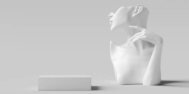 moda o producto cosmético mostrar fondo blanco, elementos de maniquí escaparate, elegante mano femenina y busto, renderizado en 3d - busto escultura fotografías e imágenes de stock