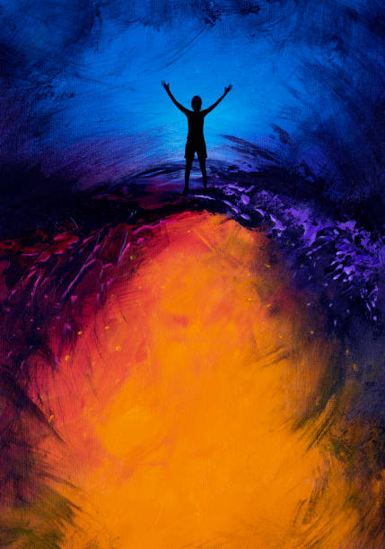 ilustrações de stock, clip art, desenhos animados e ícones de woman with arms out on colorful abstract background - freedom praying spirituality silhouette